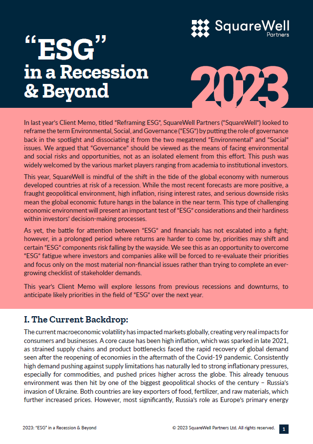 2023 Client Memo: “ESG” in a Recession & Beyond